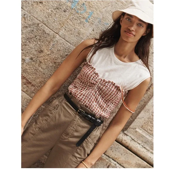 MADEWELL Madewell Parchment Vintage Check Jacquard Smocked Tank Top M - Picture 1 of 6